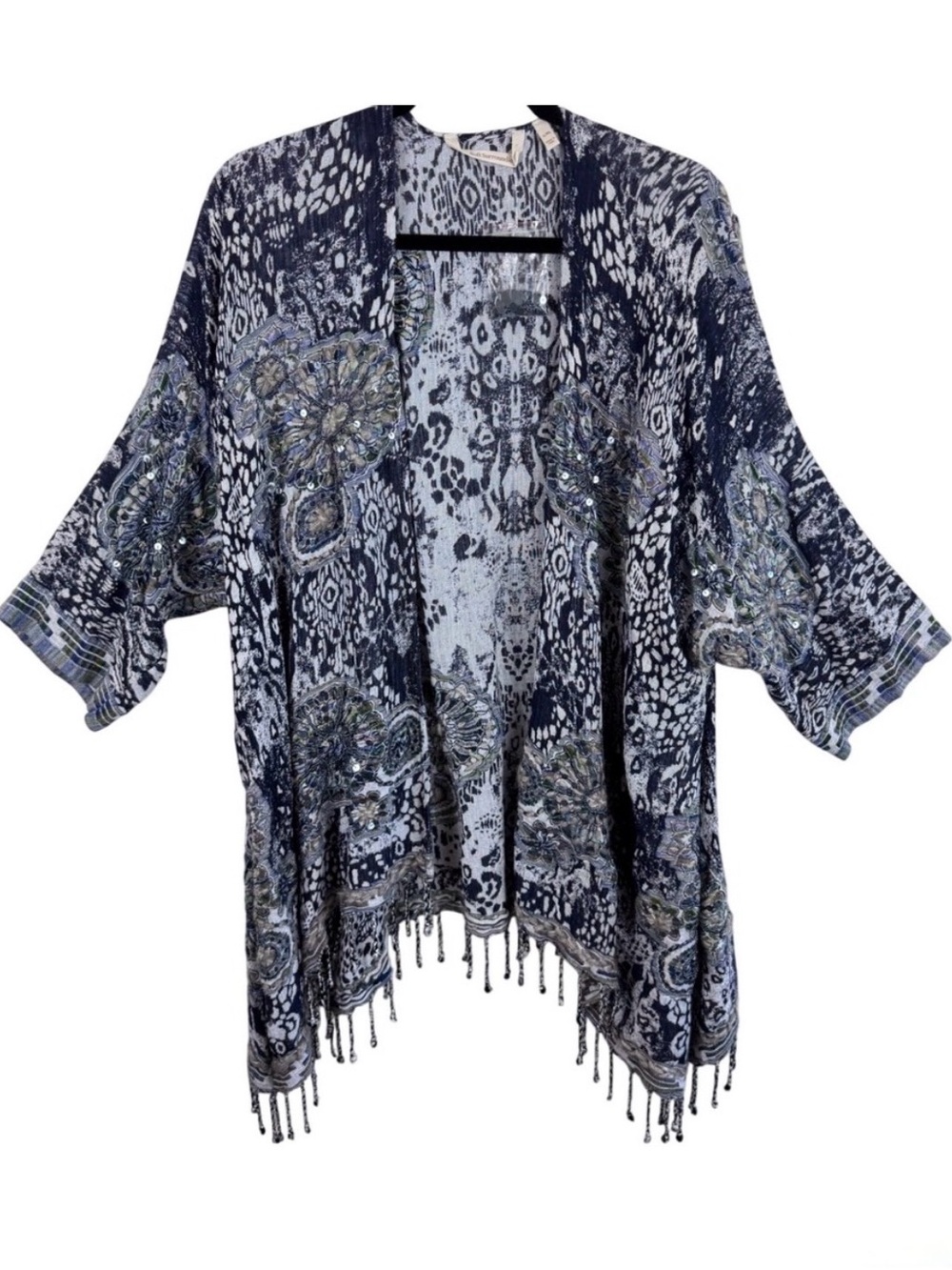 Soft Surroundings NWOT Emery Blue Ikat Print Sequin Fringe Kimono Cardigan L XL